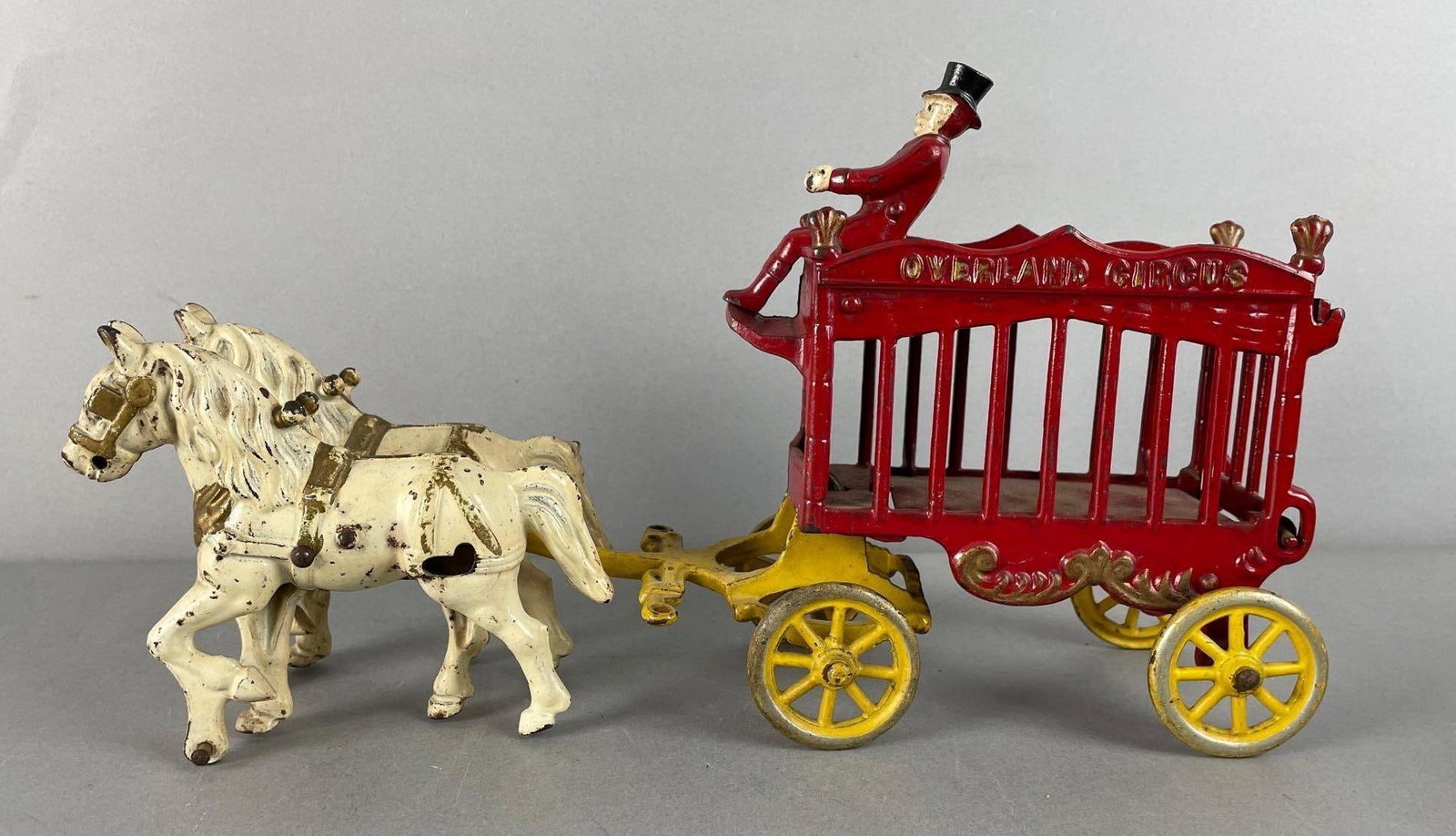 Antique Cast Iron Horse Drawn Overland Circus Wagon: Measures 6" x 14" x 3 1/2"