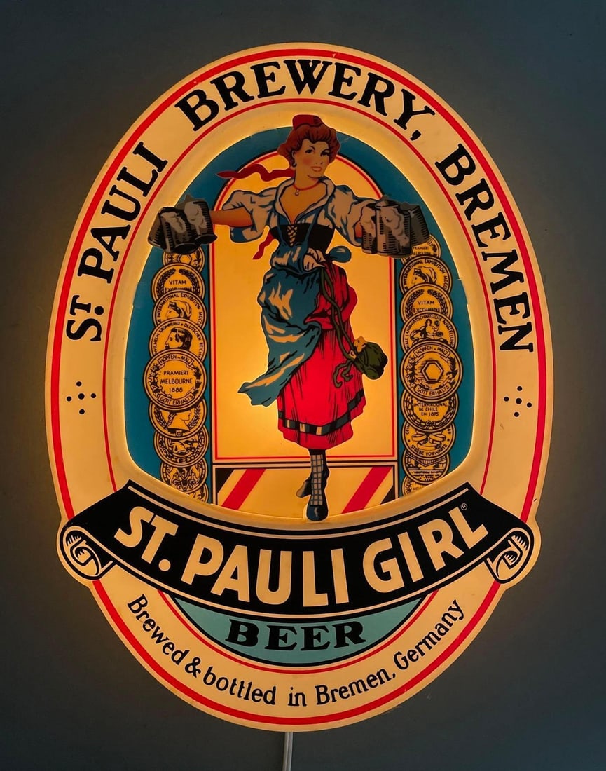 1985 St. Pauli Girl Beer Light-Up Advertising Sign: condition, measures 15 1/2" x 12" x 3"