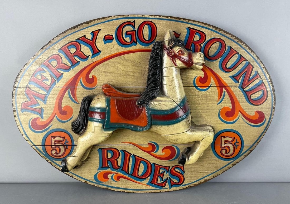 Modern Fantasy Merry-Go-Round Rides 3D Sign: Plastic horse on wood, meant to look old, measures 20" x 29" x 3 3/4"