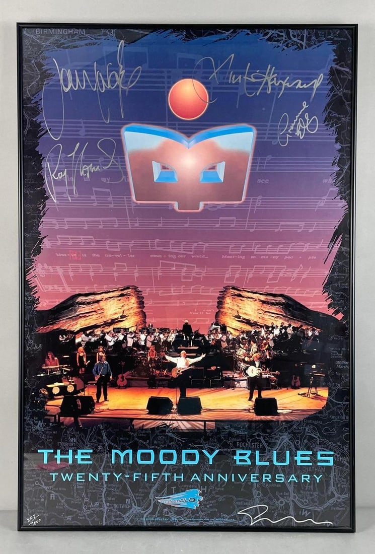 1994 LE Signed Moody Blues 25th Anniversary Tour Poster: Limited edition no. 257/7000, full band signature, with frame measures 36 1/4" x 24 1/4"