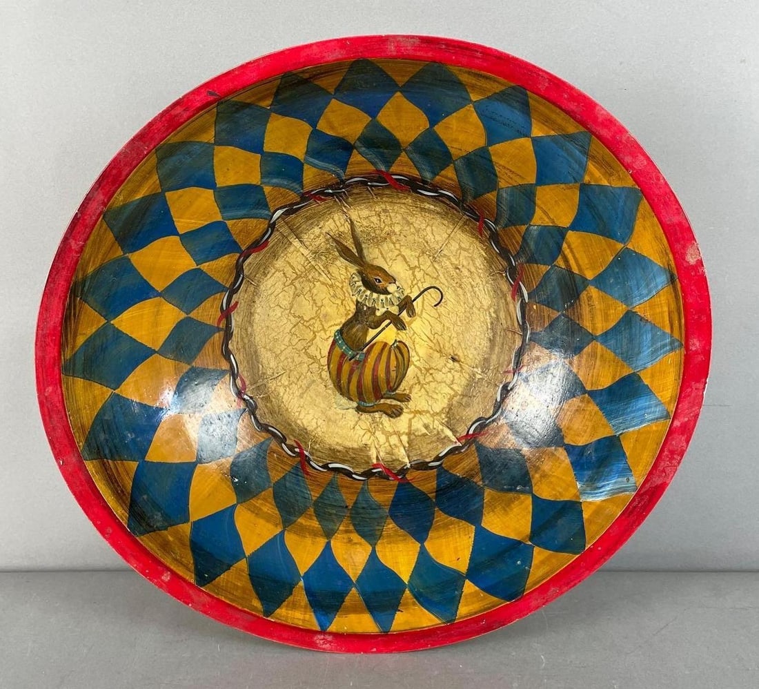 Paul Munro Hand-Painted / Decoupaged Wood Bowl: Rabbit motif, measures 4 1/2" x 14 3/4"