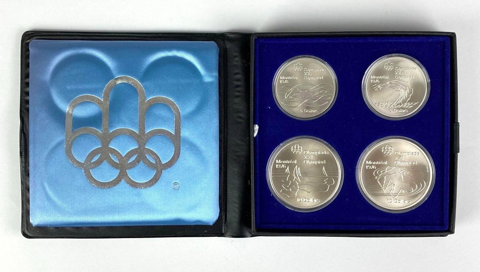 1972 Set of Olympic Water Sports Series 5 Silver Coin Set: $5 Coins Weigh .72 Tory Oz and the $10 Coins Weigh 1.44 Troy Oz, In original case with COA
