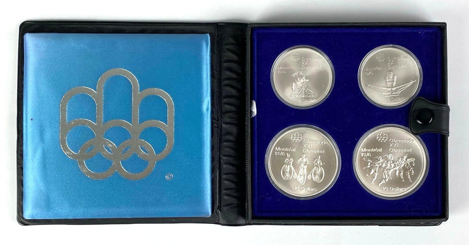 1972 Set of Olympic Early Canadian Sports Series 3 Silver Coin Set: $5 Coins Weigh .72 Tory Oz and the $10 Coins Weigh 1.44 Troy Oz, In original case with COA