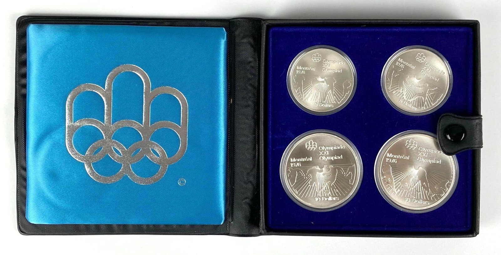 1972 Set of Olympic Team and Body Contact Sports Series 6Silver Coin Set: $5 Coins Weigh .72 Tory Oz and the $10 Coins Weigh 1.44 Troy Oz, In original case with COA