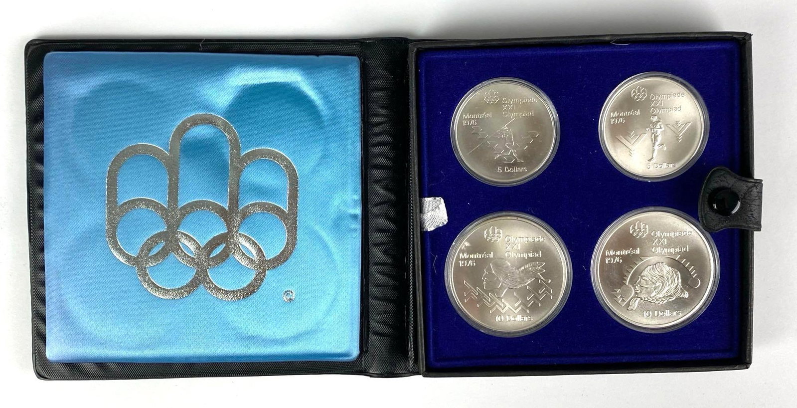 1972 Set of Olympic Track and Field Sports Series 4 Silver Coin Set: $5 Coins Weigh .72 Tory Oz and the $10 Coins Weigh 1.44 Troy Oz, In original case with COA