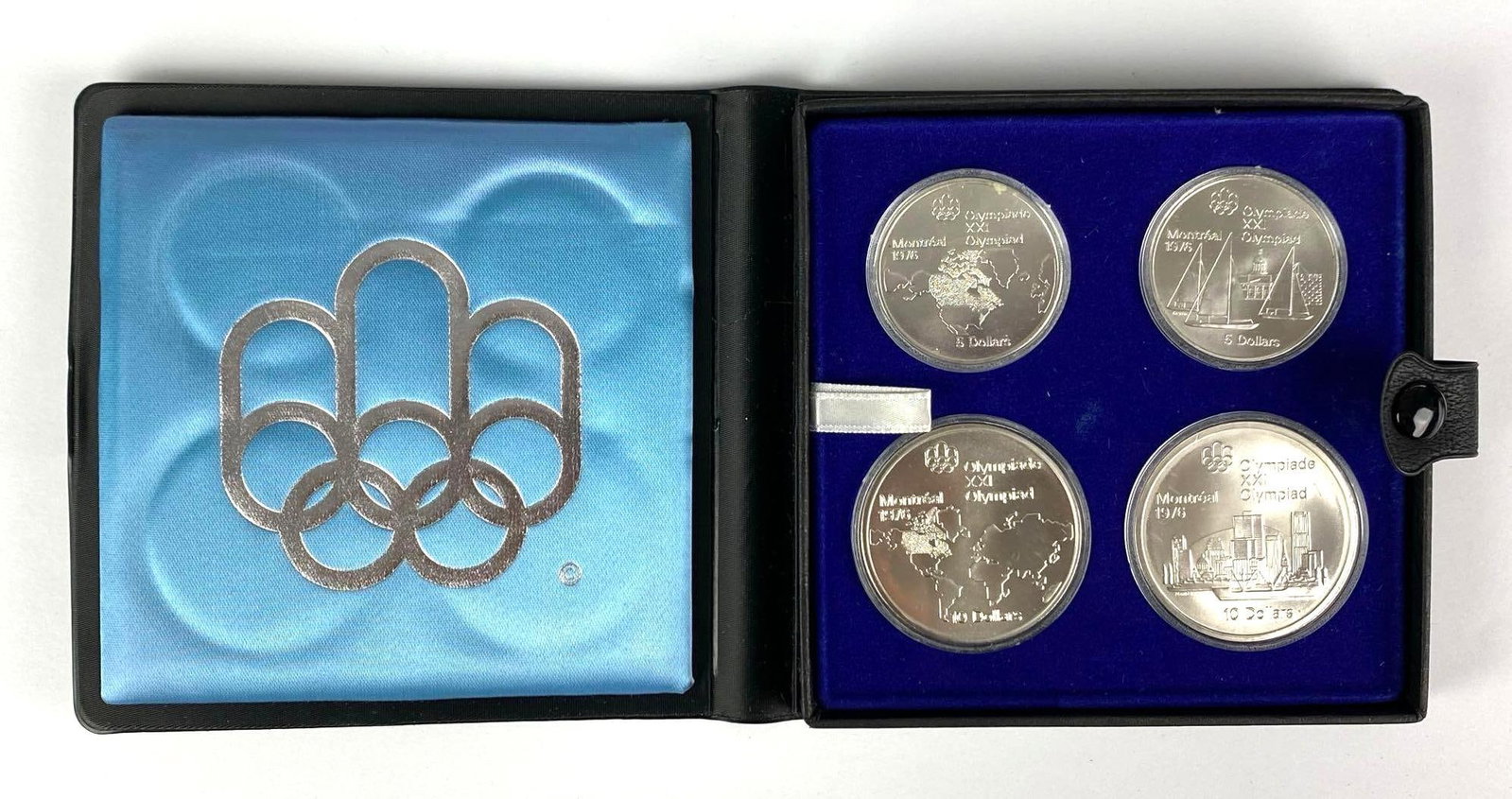 1972 Set of Olympic Geographic Series 1 Silver Coin Set: $5 Coins Weigh .72 Tory Oz and the $10 Coins Weigh 1.44 Troy Oz, In original case with COA