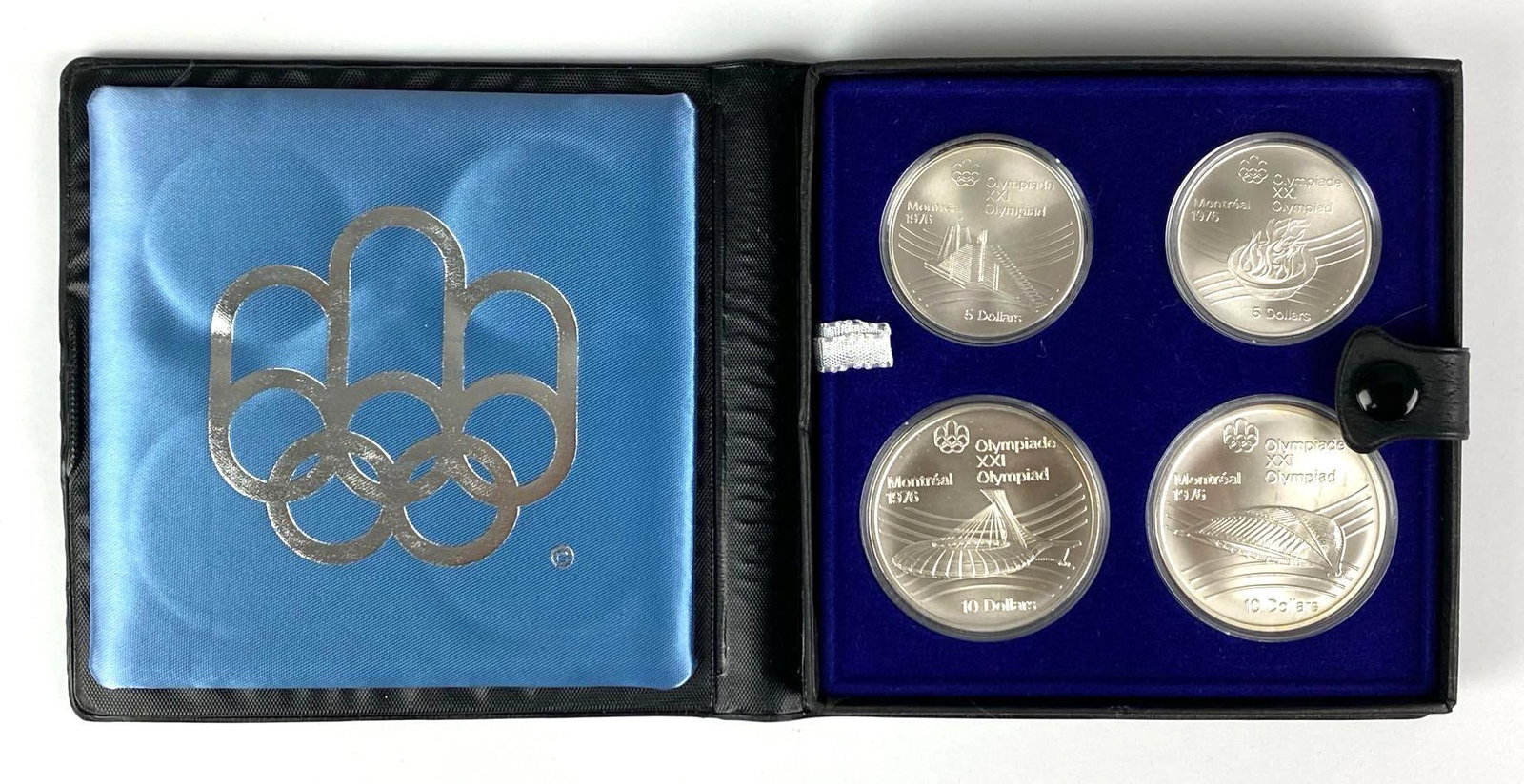1972 Set of Olympic Souvenir Series 7 Silver Coin Set: $5 Coins Weigh .72 Tory Oz and the $10 Coins Weigh 1.44 Troy Oz, In original case with COA