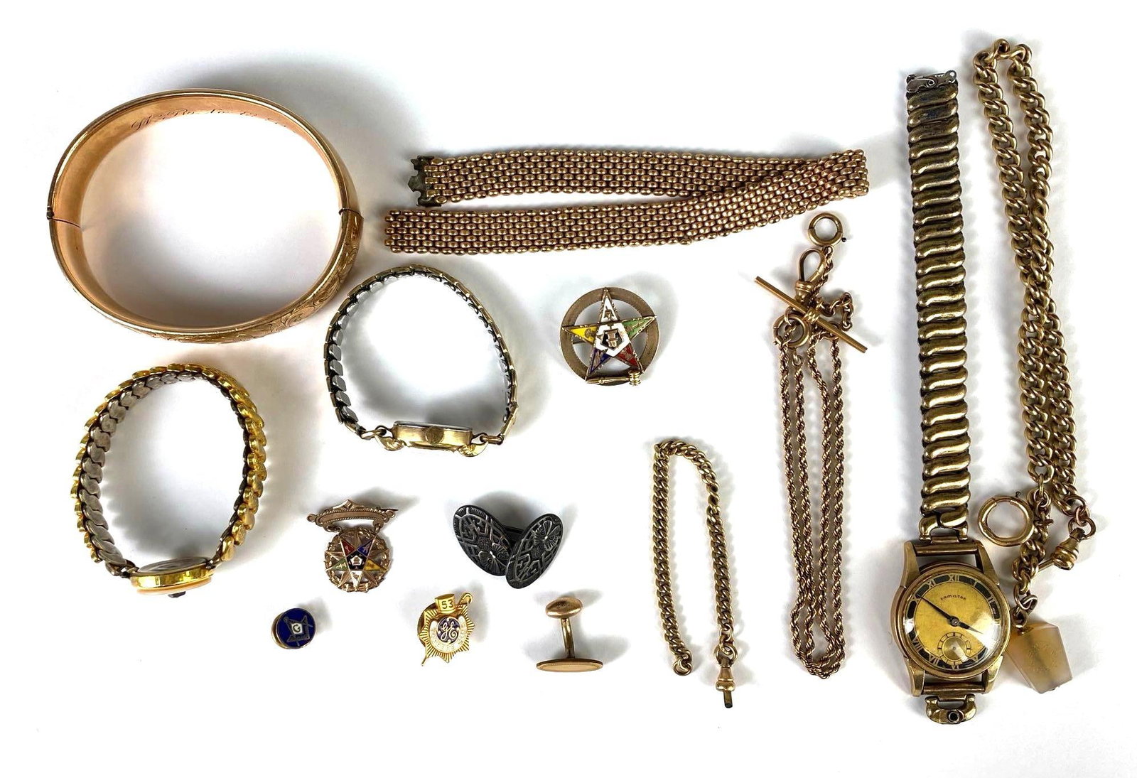 Group of Gold-Filled and Costume Jewelry and More: Includes Watch fobs, pins, watches, bracelets, and more.