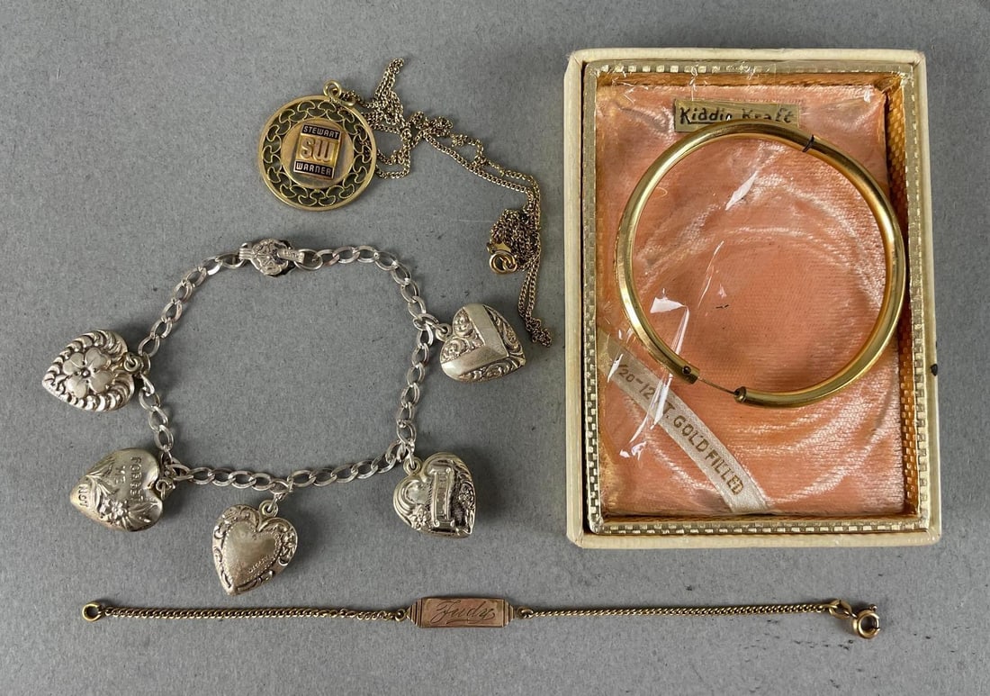 Group of Bracelets: Includes 1/20 12k gold Stewart Warner necklace, kiddie Kraft bracelet, sterling silver hearts bracelet