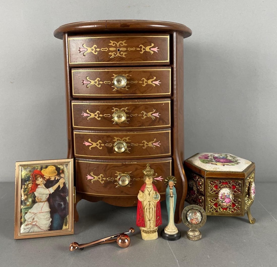 Group of 2 Musical Jewelry Boxes and More: Smaller mim lador top separated, nonworking music, knob off but included on larger, measures 11 1/4" x 8 1/4"