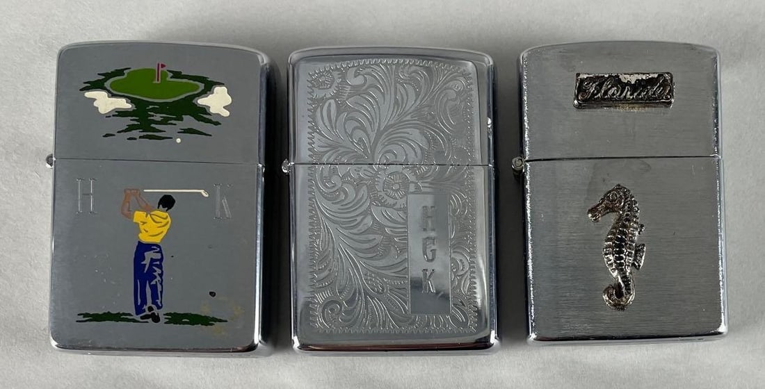 Group of 2 Engraved Zippo Lighters and 1 Japanese Lighter (1 of 4)