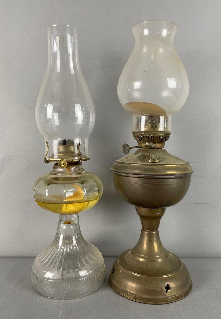 Group of 2 Antique Oil Lamps: Brass lamp has wrong size chimney, glass measures 17 1/4" tall
