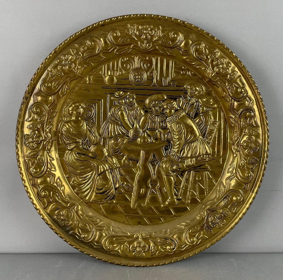 Vintage Brass Repousse Pub Scene Charger: Measures 16 1/2" x 1 1/4"