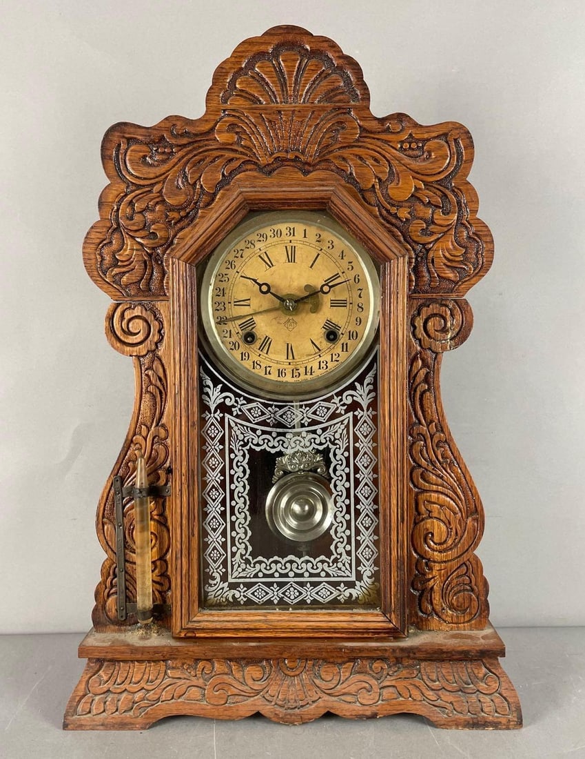 Antique Ansonia Gingerbread Mantle Clock with Barometer: Pendulum did not keep moving in test, includes key, repair on right side, measures 22" x 14 1/4" x 4 1/2"