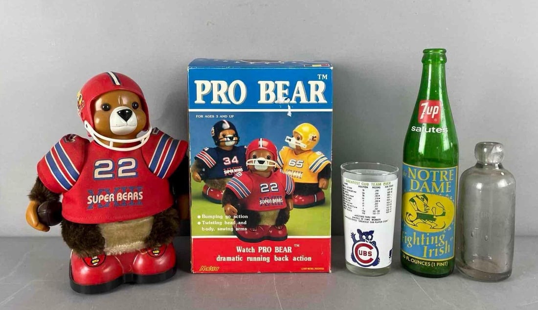 Group of Sports Related Items: Includes Chicago cubs glass, favorite bottling works glass bottle, working pro bear box measures 10" x 7" x 5 1/2"