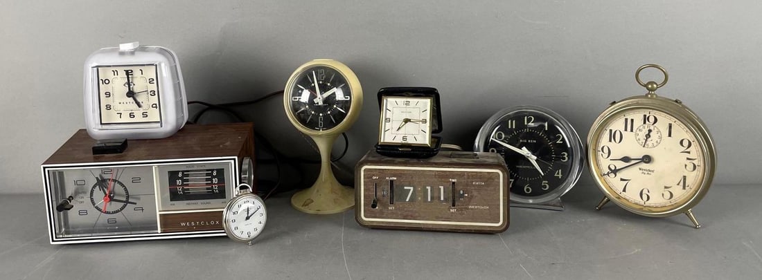 Group of Vintage Westclox Alarm Clocks: Includes windup Big Bens, pocket watch, working condition MCM measures 7" x 3 3/4"