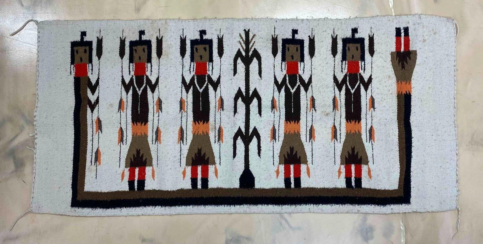 Vintage Navajo Handwoven Yei Pictorial Scatter Rug: Measure L 60 x W 28 inches.