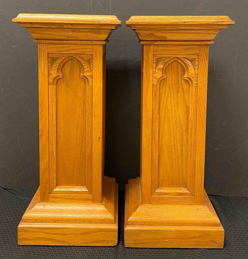 Group of 2 Oak Church Pedestals: one Measures H 32 x W 14 x L 14. No in house Shipping. Third party recommended.