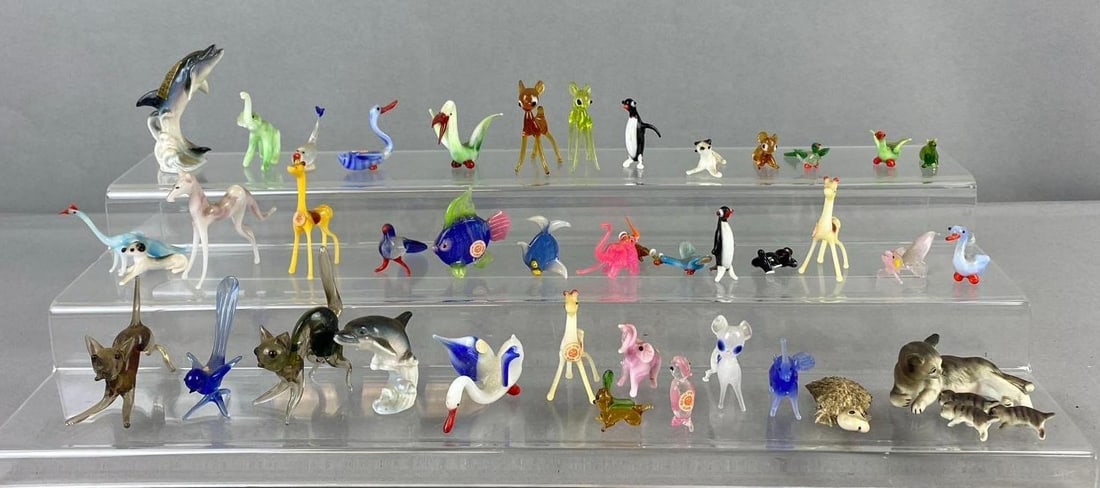 Vintage Red Ball Brand Japanese Hand Blown Glass Miniature Animal Figurines and More: stand Not included. Largest measures 2 1/2 inches. Some may have broken small pieces.