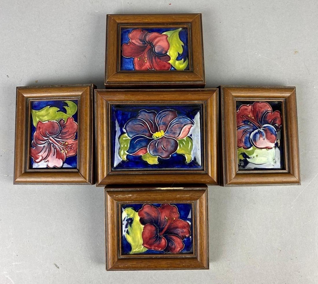 Group of 5 Framed Moorcroft Hibiscus Pun Dishes: Largest measures L 6 x W 5 inches.