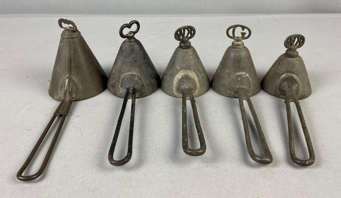 Group of 5 Antique Conical Ice Cream Scopes: Largest Clads Dishers measure 8 inches in length. Working.