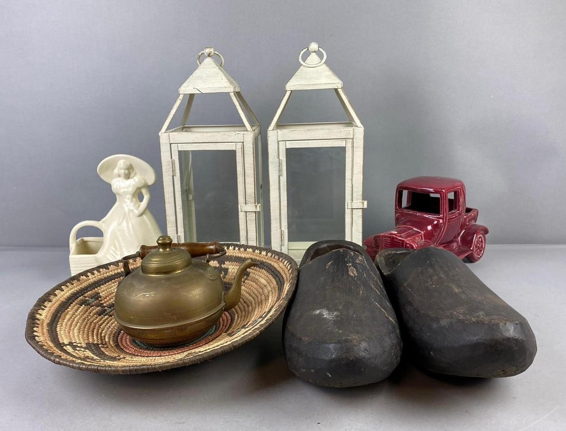 Group of Assorted Items: Includes Lanterns, Clogs, and more. Largest measures 14 inches in length. One lantern has broken panel.