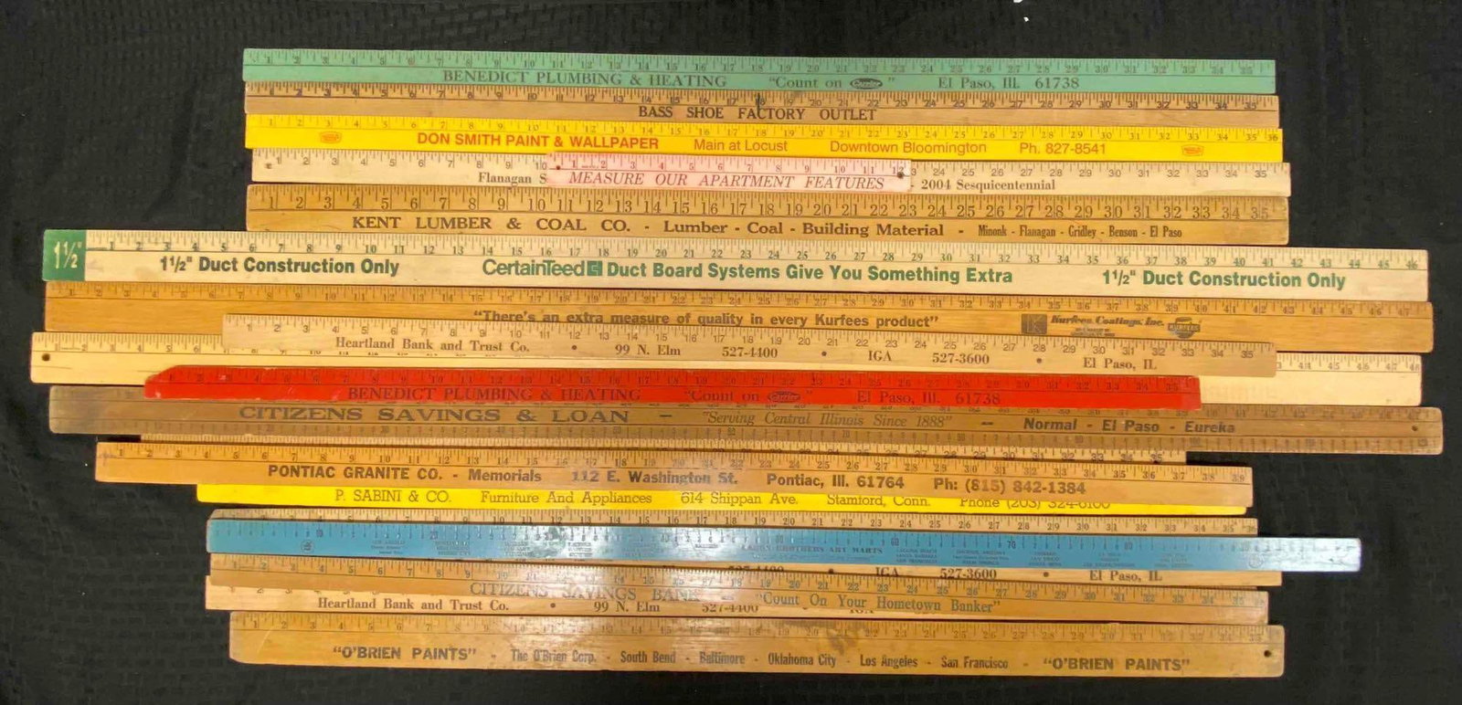 Group of Local Illinois Towns Advertised Yardsticks: Includes Advertising from Bloomington, Peoria, El Paso, and more. Largest is 1 1/2 inches