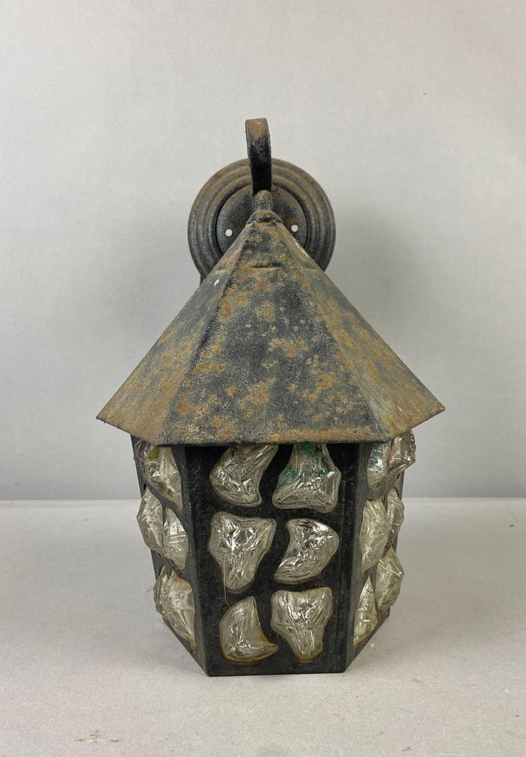 England Wrought Iron and Rock Glass Porch Light: Untested. Measured H 13 x W 5 x L 5 inches.