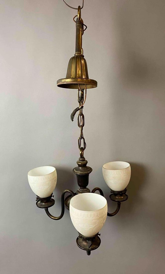 Art Deco Frosted Glass Chandelier: Untested. Measures 31 inches in length.