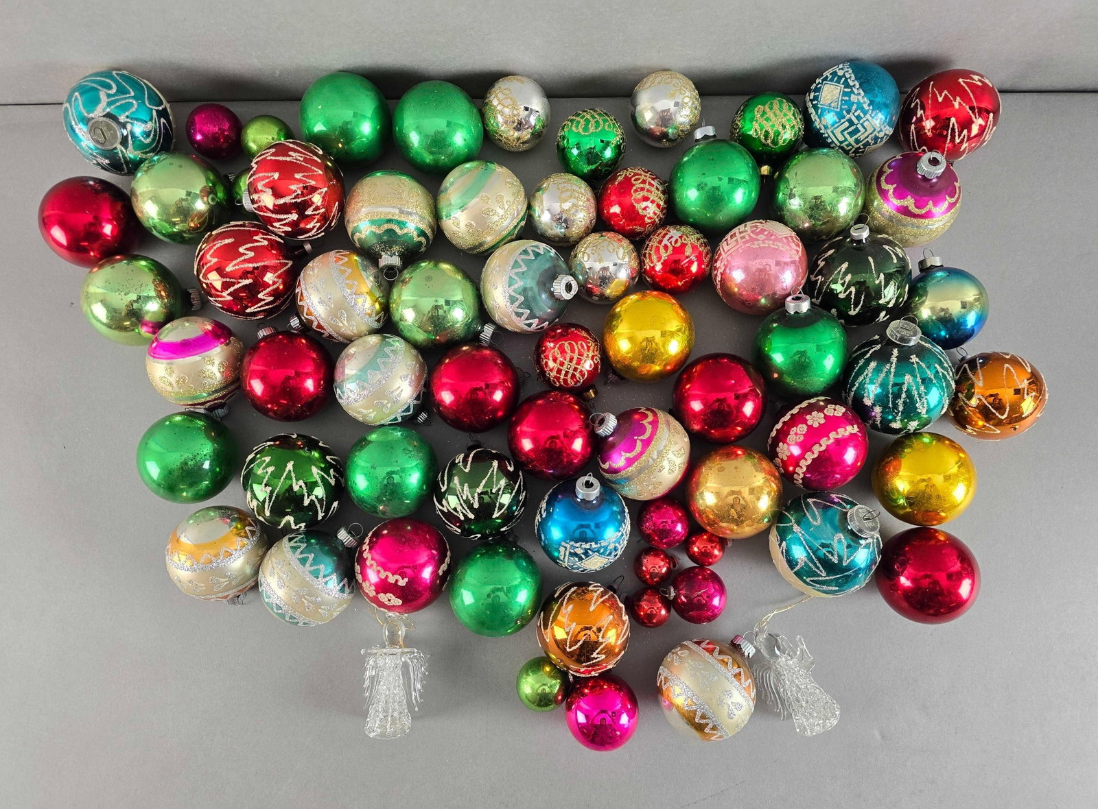 Group of 60+ Christmas Glass Bulb Ornaments and More: Includes 2 glass angels, largest bulbs each measures 2 1/4 inches in diameter