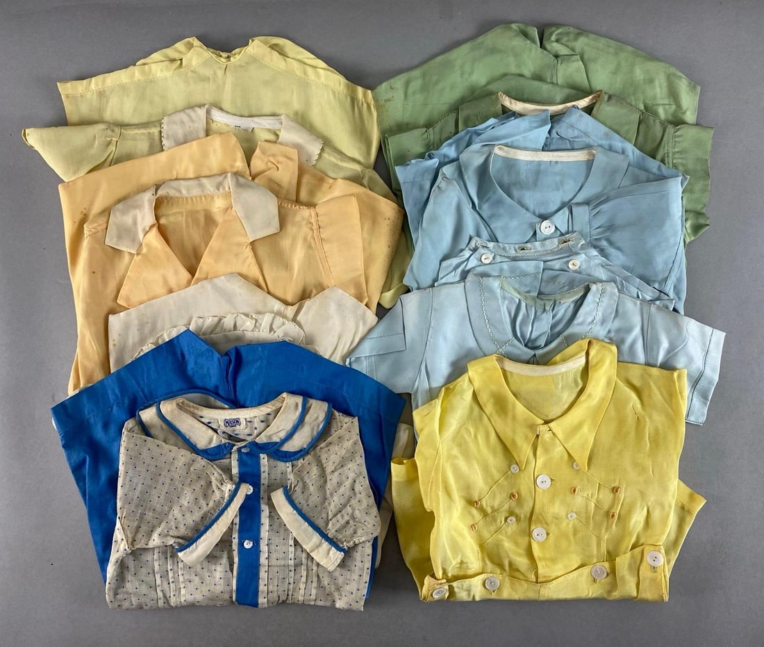 Group of 8 Vintage Childrens Outfits: Some staining throughout, yellow outfit on bottom row measures 18 inches from collar to bottom