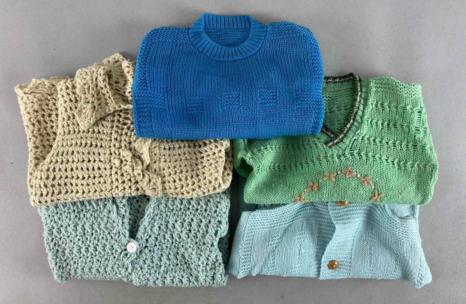 Group of 5 Wool Toddler Sweaters: Dark blue sweater measures 14 x 29 inches