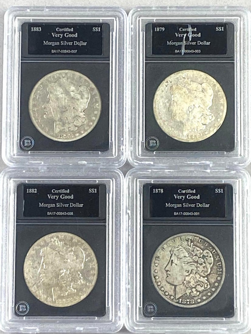 Group of 4 US Morgan Silver Dollars Bradford Exchange Certified: Includes years 1882, 1883, and more.