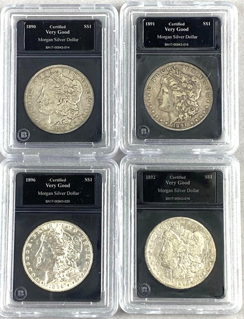 Group of 4 US Morgan Silver Dollars Bradford Exchange Certified: Includes years 1890, 1891, and more.