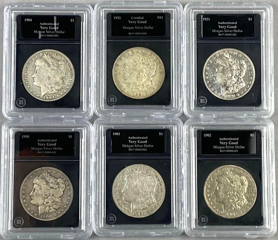 Group of 6 US Morgan Silver Dollars Bradford Exchange Certified: Includes years 1901,1902, and more.