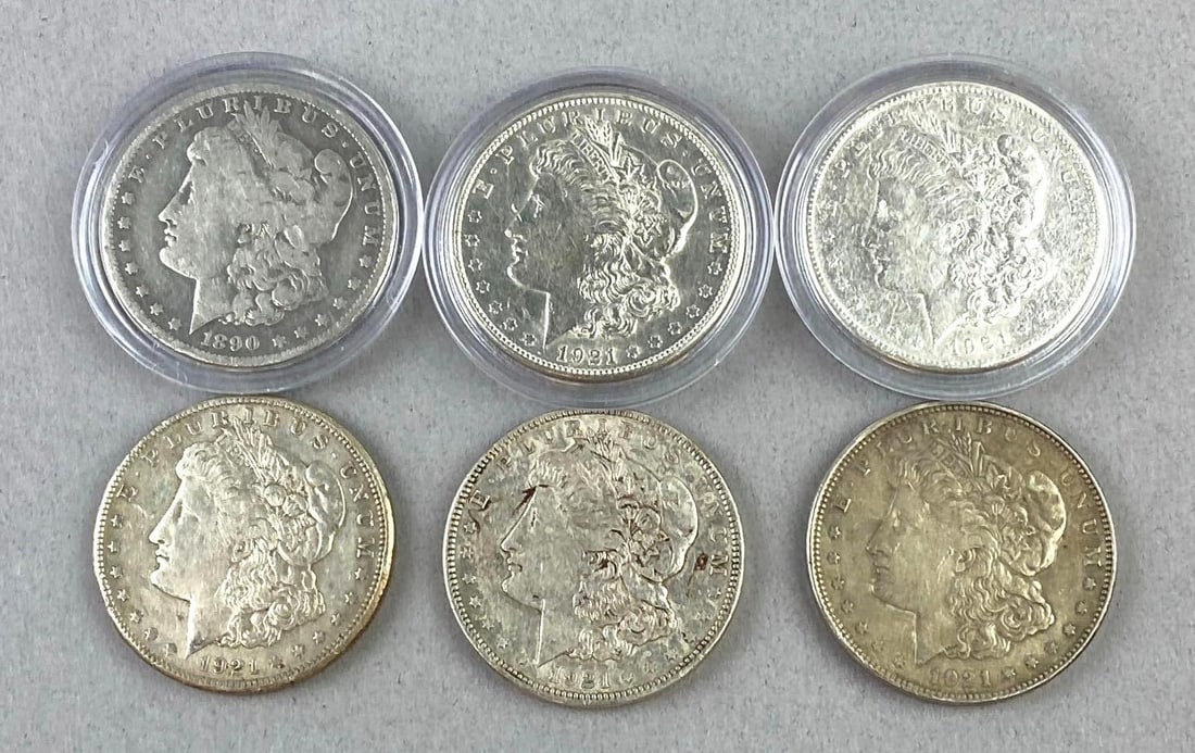 Group of 6 US Morgan Silver Dollars: Includes years 1890 and 1921