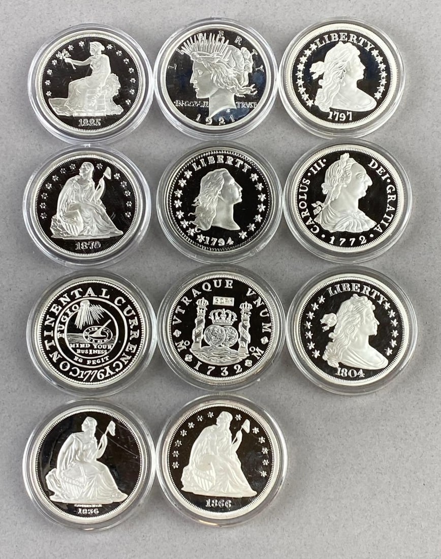 Group of 11 US 1 Oz .999 Fine Silver Commemorative Silver Seated Liberty Design Rounds and More (1 of 2)