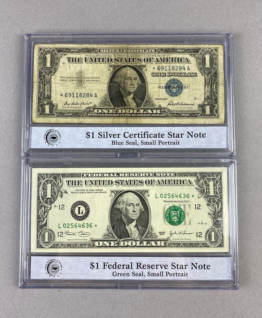 Group of 2 US $1 Federal Reserve Notes PCS Certified and More: Includes 1957 Silver Certificate.