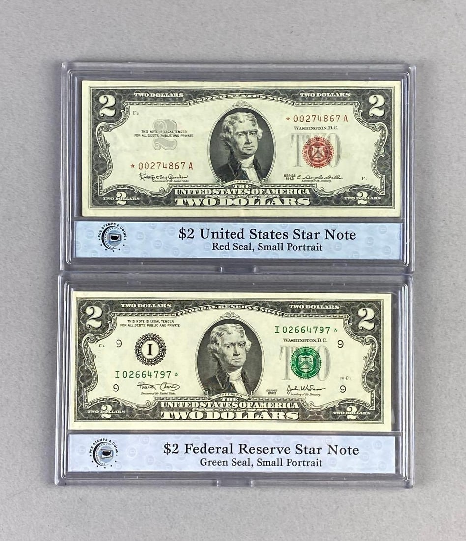 Group of 2 US $2 Federal Reserve Notes PCS Certified and More: Includes 1963 Red Seal and 2003 Green Seal.