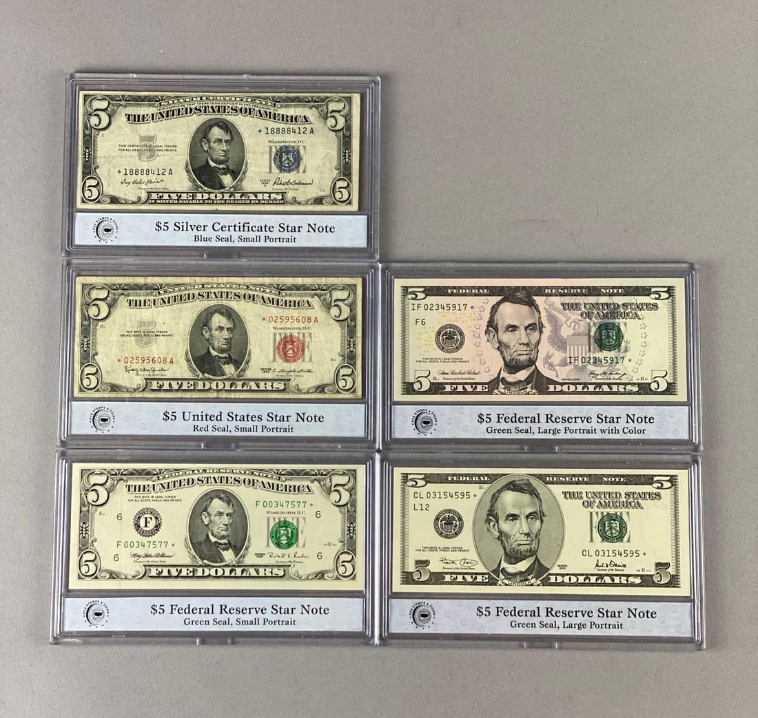 Group of 5 US $5 Federal Reserve Notes PCS Certified: Includes 1953A Blue Seal, 1963 Red Seal, and more.