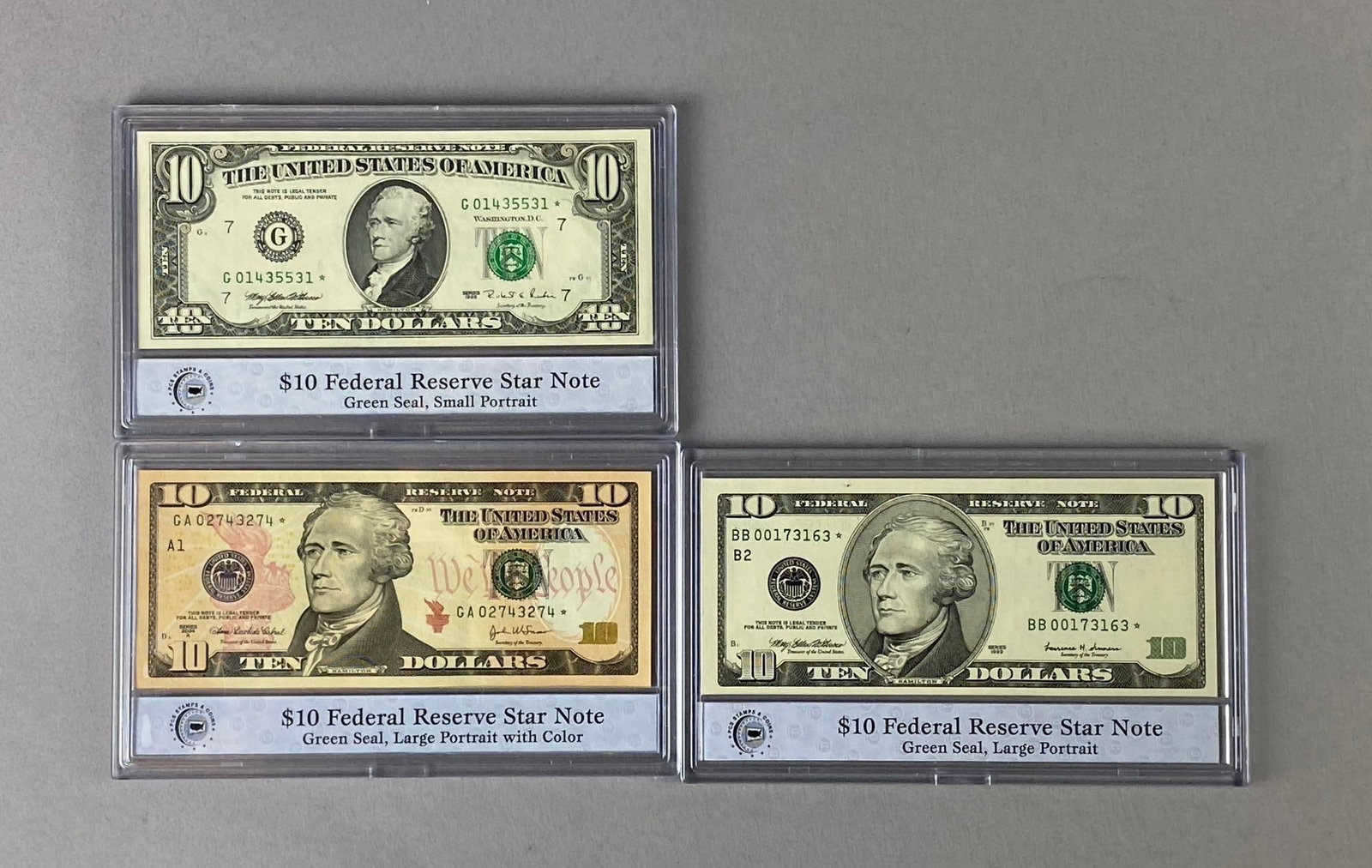 Group of 3 US $10Federal Reserve Notes PCS Certified: Includes 1995 Green Seal, 1999 Green Seal, and 2004A Green Seal.