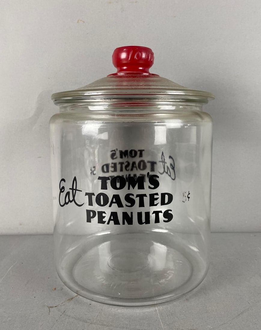 Vintage Tom Huston Toasted Peanuts Glass Advertising Countertop Jar: Tom's lid, measures 10" x 7"