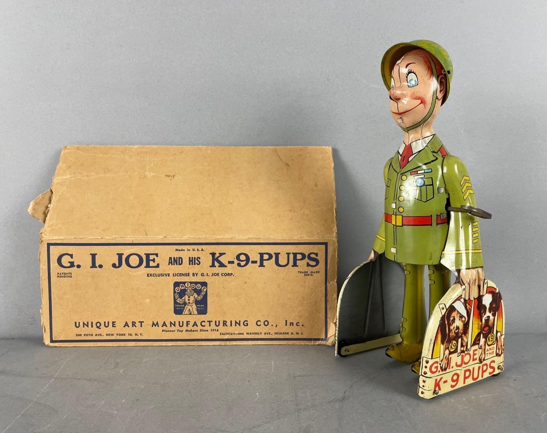 Vintage Unique Art G.I. Joe and his K-9 Pups Tin Litho Wind-Up Toy: Working condition, but did not walk on own, original box missing end flaps, 9" tall