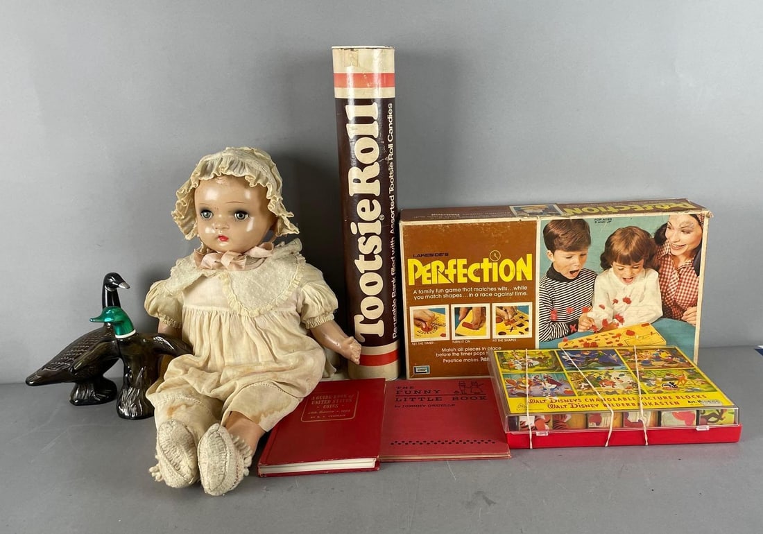 Group of Vintage Childrens Items: Includes 21" composite baby doll, Disney picture blocks, perfection game