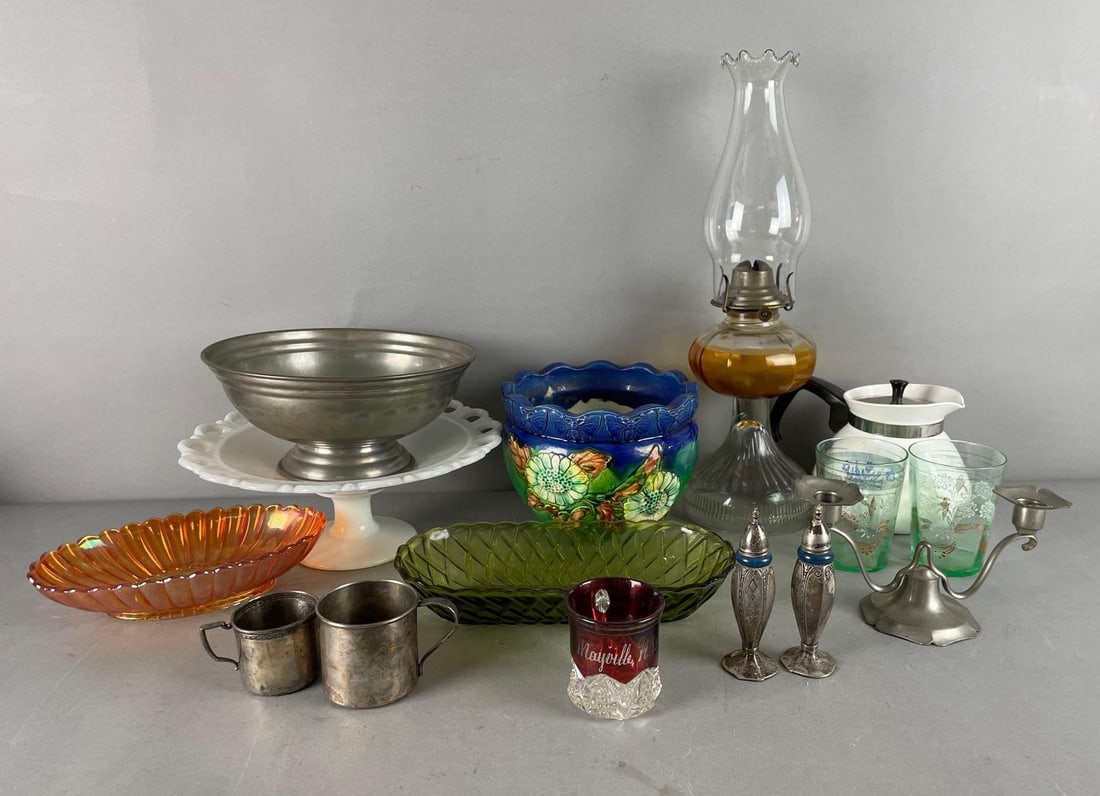 Group of Assorted Vintage Service Items: Includes bay silver co. pewter footed bowl, corningware, carnival glass dish, oil lamp measures 17"