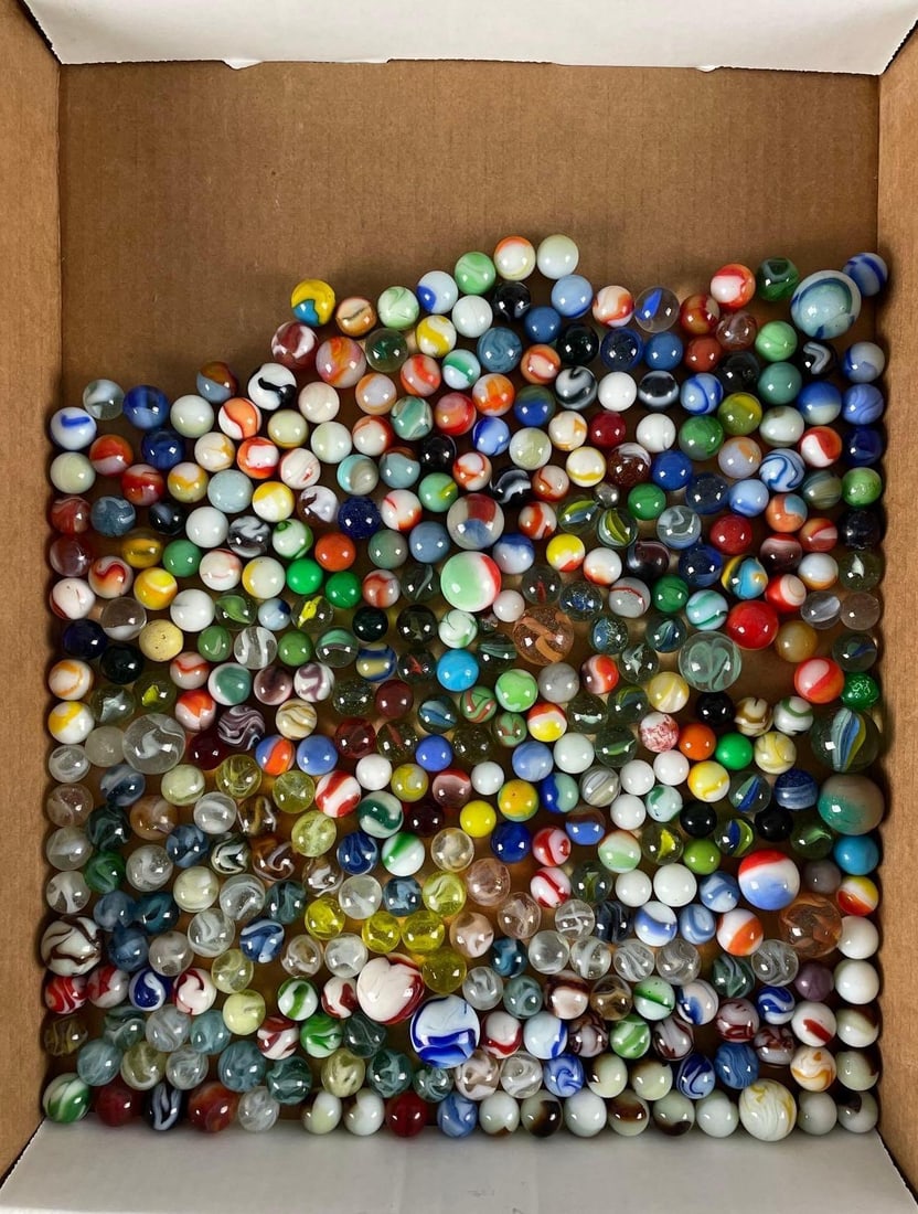 Group of 330+ Vintage Glass Marbles: Includes a Peltier, peewees, shooters, akro agate, cats eye, largest measures 1.01 inches