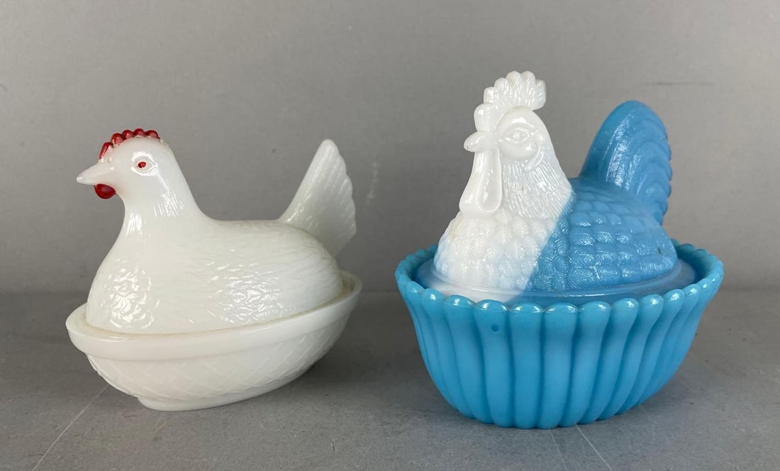 Group of 2 Vintage Slag Glass Nesting Chicken Dishes: Includes glass egg, largest measures 4 1/2" x 5 1/2 x 4"