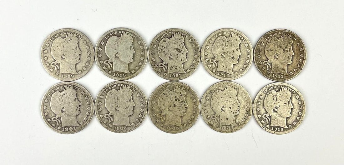 Group of 10 US Barber Silver Quarters: Includes years 1908, 1915, 1901 and more.