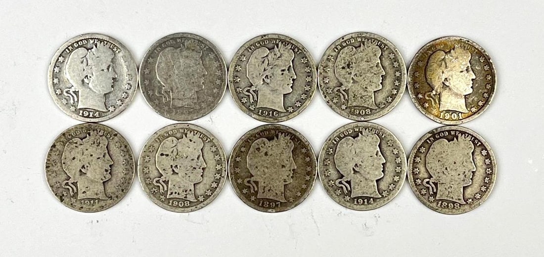 Group of 10 US Barber Silver Quarters: Includes years 1897, 1916, 1908 and more.