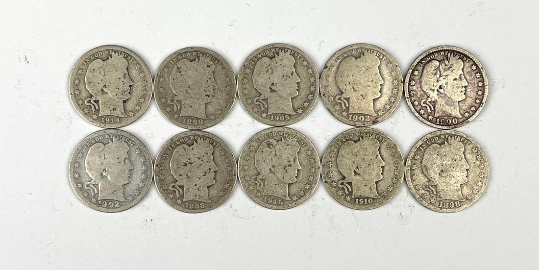 Group of 10 US Barber Silver Quarters: Includes years 1909, 1898, 1914 and more.